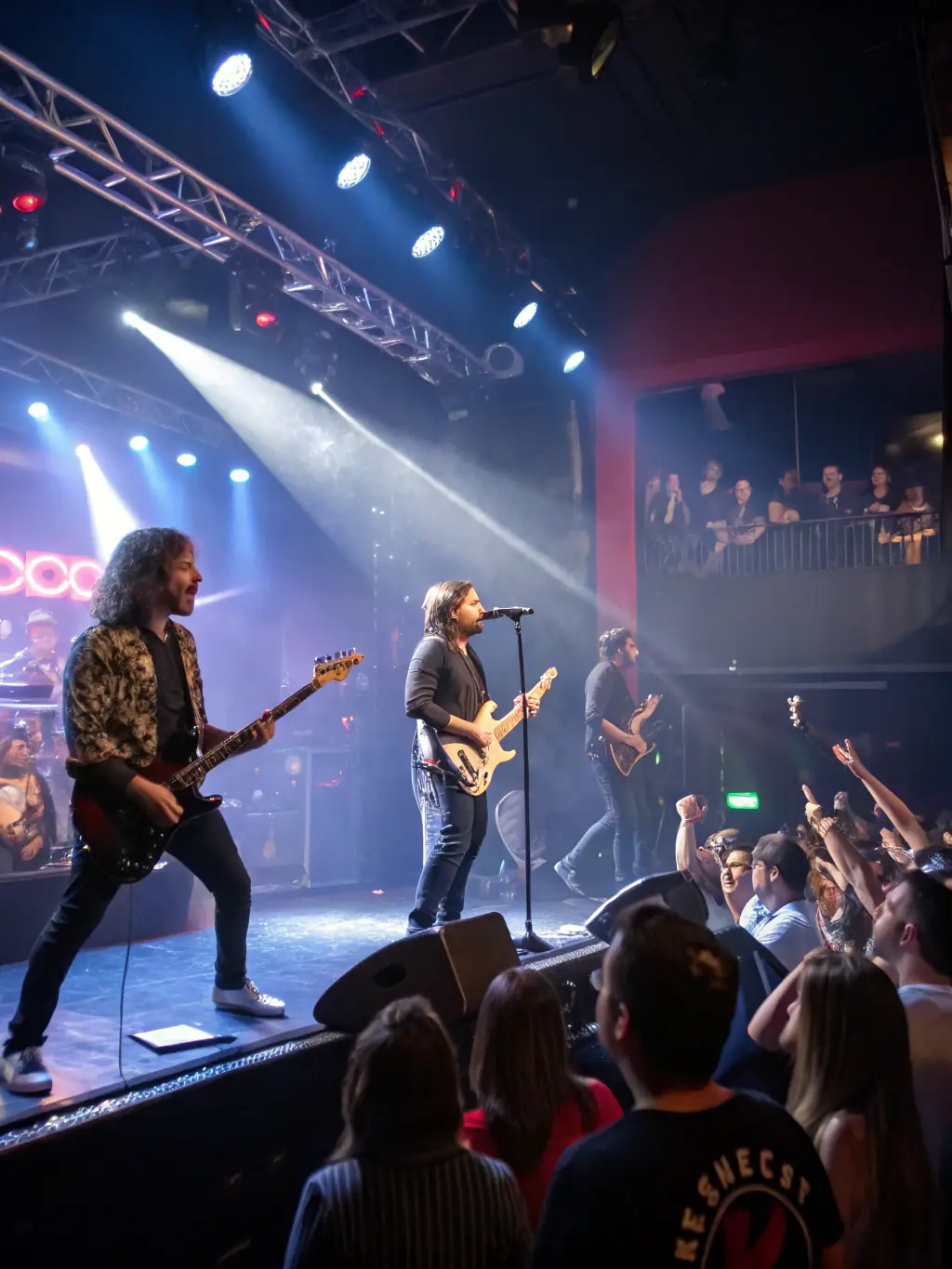 A photograph capturing a live performance organized by Les Menestrelous, featuring musicians and performers on stage, with an engaged audience in the background.