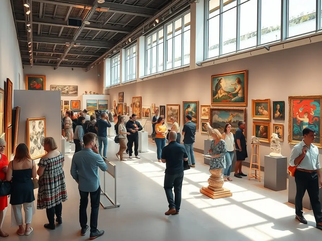 A photograph of a community art exhibition, featuring diverse artworks displayed in a public space. People of all ages are seen admiring and engaging with the art, creating a sense of community and appreciation.