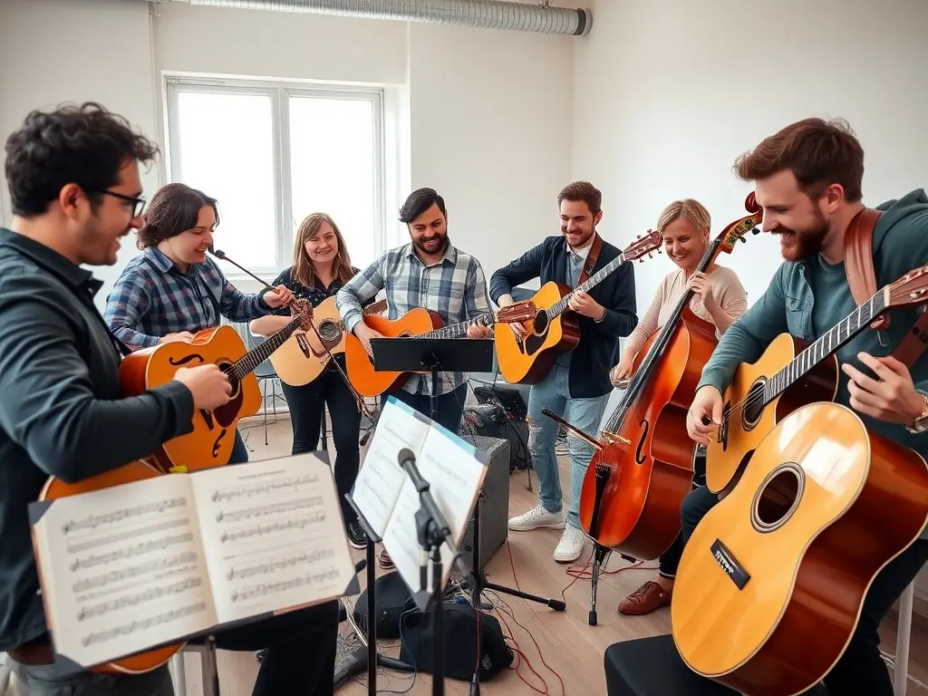 A vibrant image showcasing a musical workshop in progress, with artists of various ages and backgrounds collaborating on a song. The setting is a bright, welcoming studio filled with instruments and creative energy.