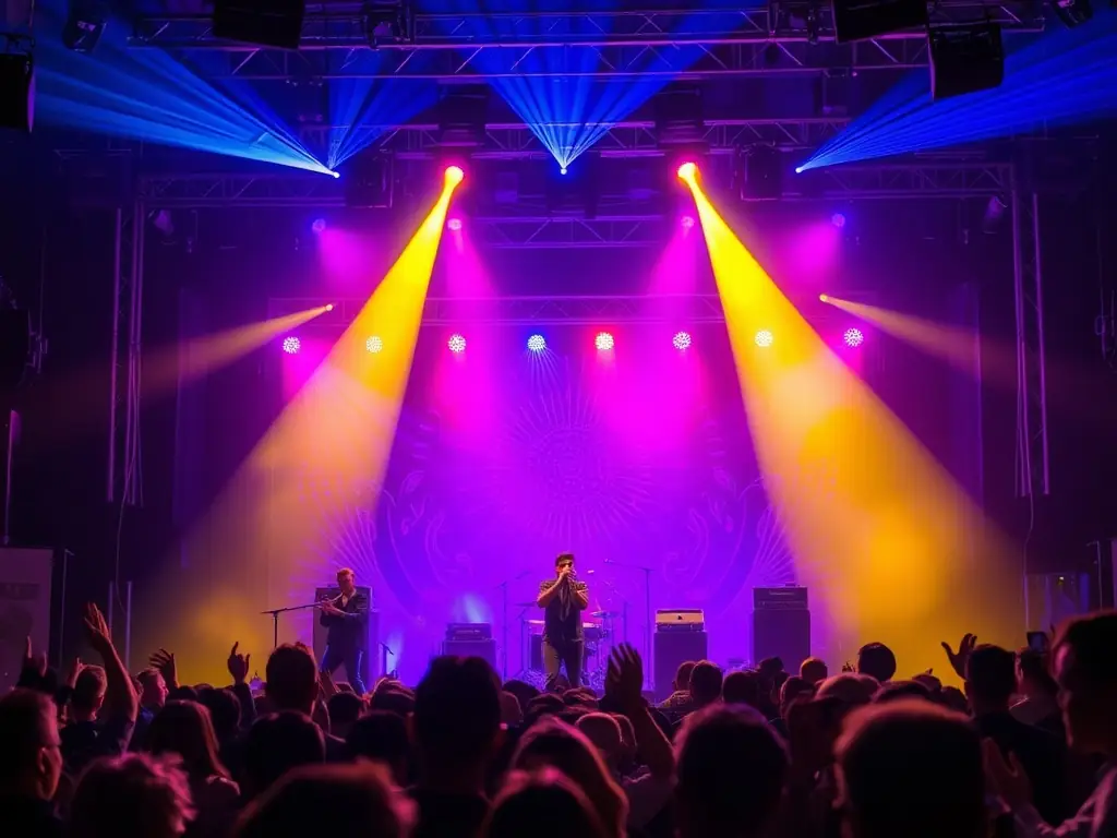 A dynamic image of a live performance, featuring musicians and performers on stage, captivating an audience. The lighting and stage design create an immersive and engaging atmosphere.