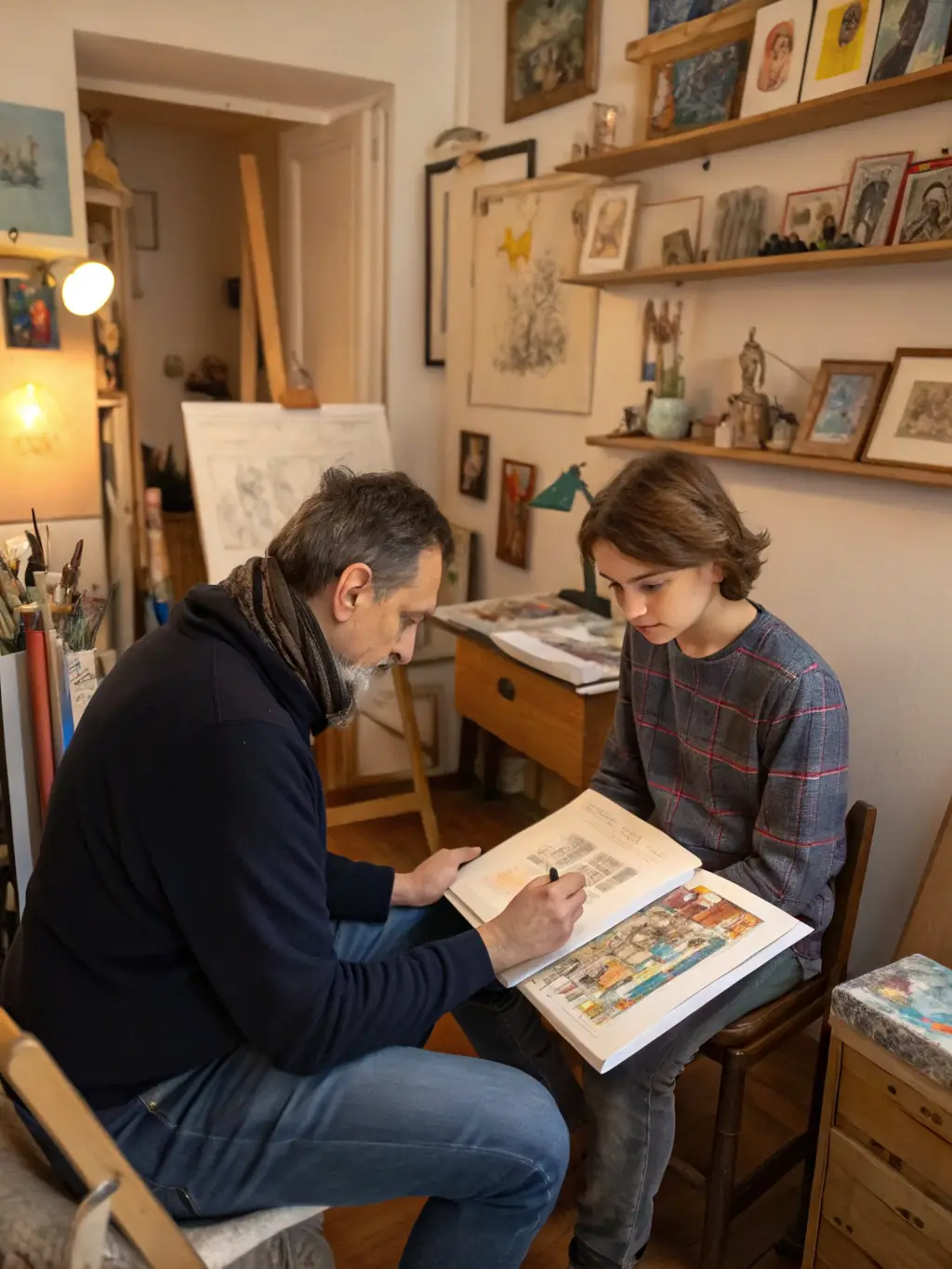 A close-up shot of an artist receiving guidance and feedback from a mentor during a Les Menestrelous mentorship program, emphasizing the personalized support provided.