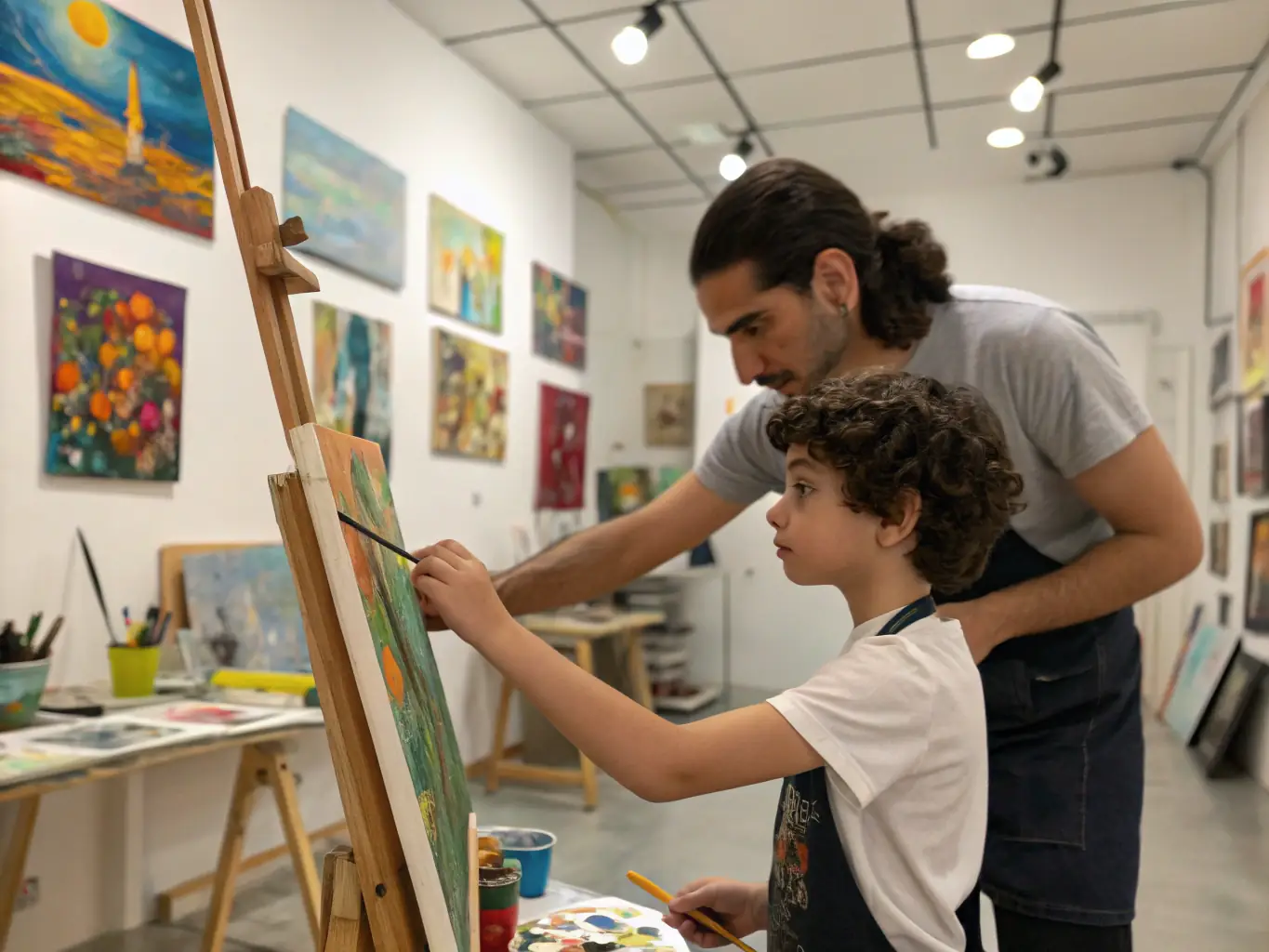 A photograph of a mentorship session, showing an established artist providing guidance to an emerging artist. The setting is a cozy studio, with art supplies and works in progress visible in the background, emphasizing the personal and supportive nature of the mentorship.