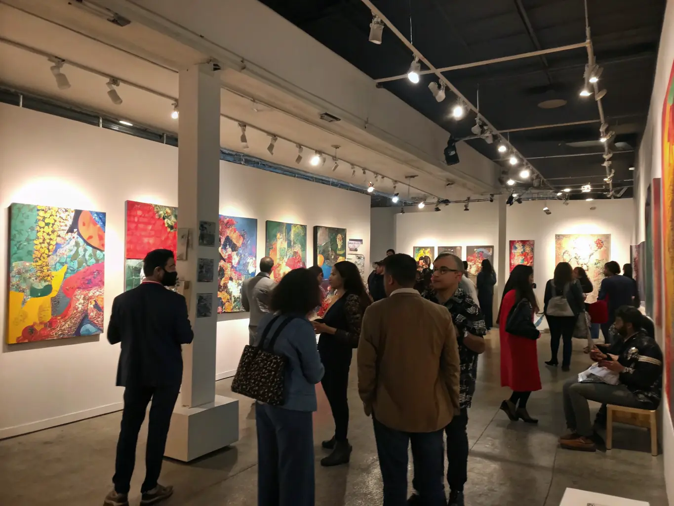 An image showcasing a public art exhibition, featuring diverse artworks displayed in a community space. The scene includes people of different ages and backgrounds engaging with the art, highlighting the accessibility and community impact of the exhibition.