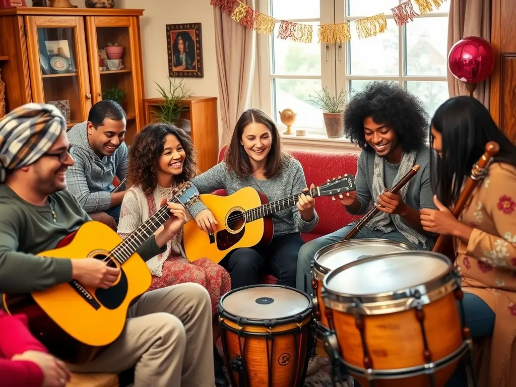 A vibrant image depicting a collaborative music workshop, with artists of various ages and backgrounds working together on a musical piece. The setting is a well-lit, creative space filled with instruments and artwork, capturing the essence of community and artistic collaboration.