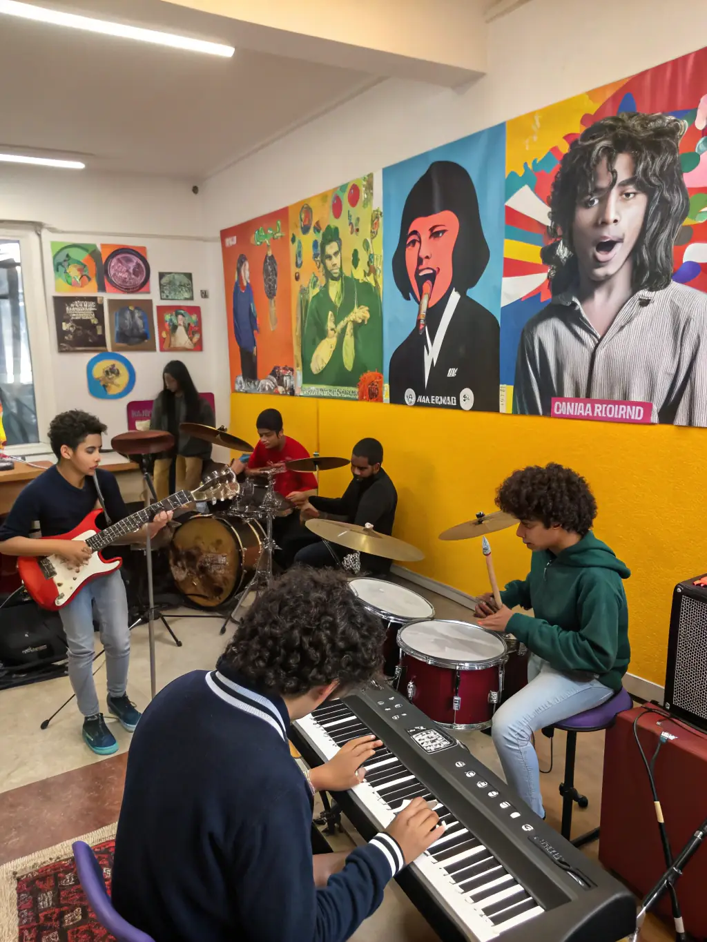 A vibrant image of a diverse group of artists collaborating on a musical project during a Les Menestrelous workshop, showcasing the energy and creativity fostered by the organization.